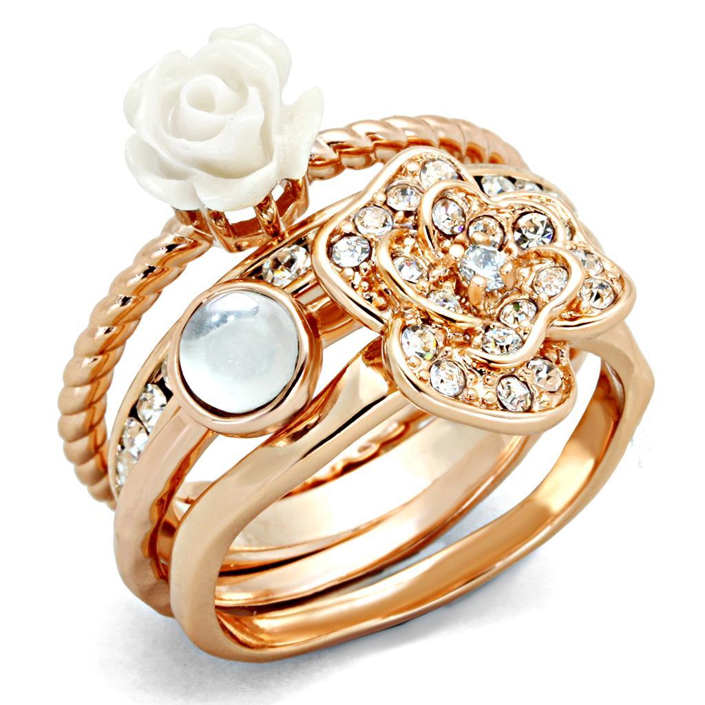 JCE1490 Rose Gold Brass Ring with Synthetic Synthetic Stone in White