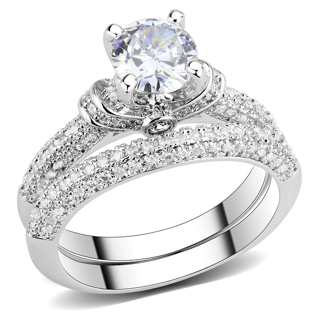 JCE1555 Rhodium Brass Ring with AAA Grade CZ  in Clear
