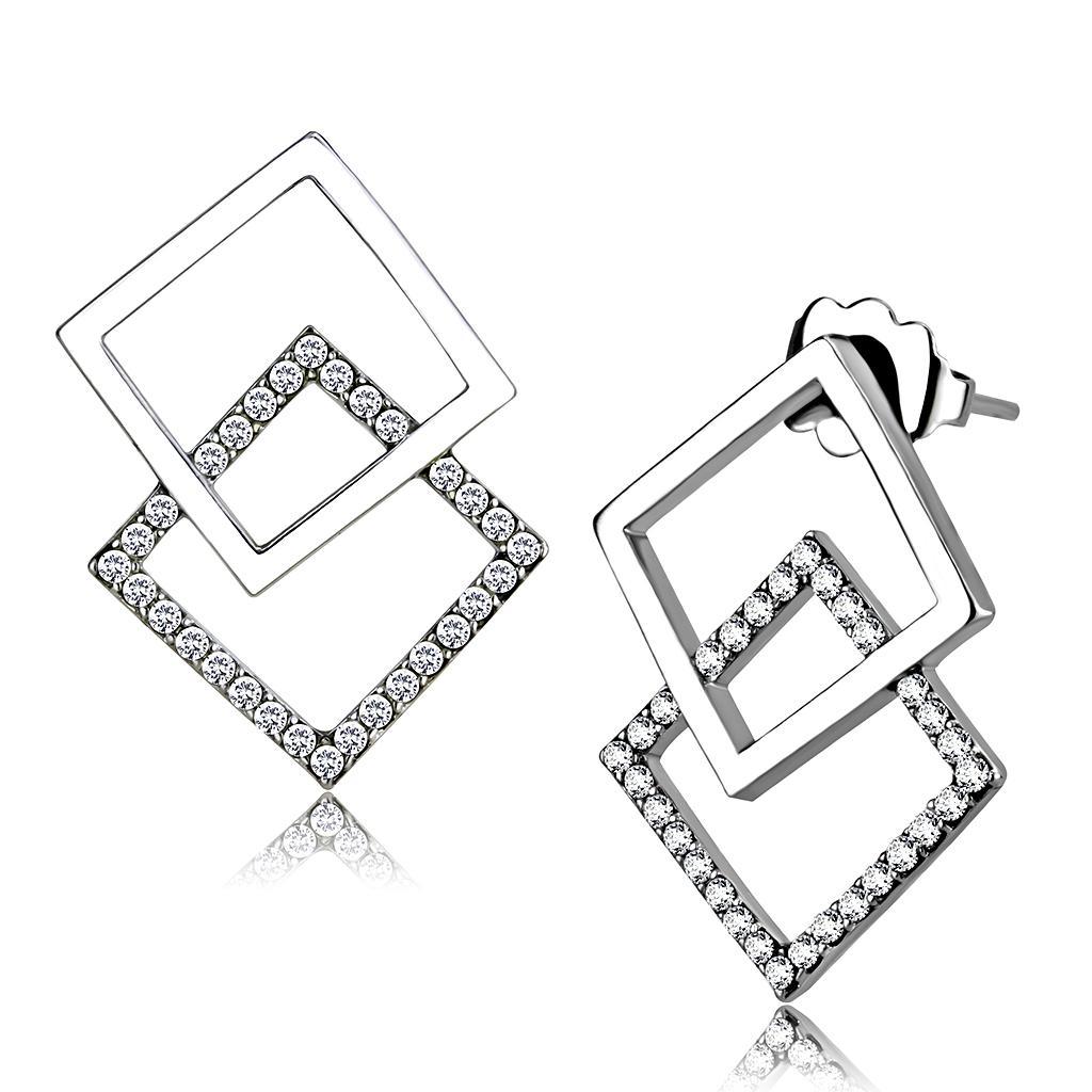 JCE201 High polished (no plating) Stainless Steel Earrings with AAA Grade CZ  in Clear