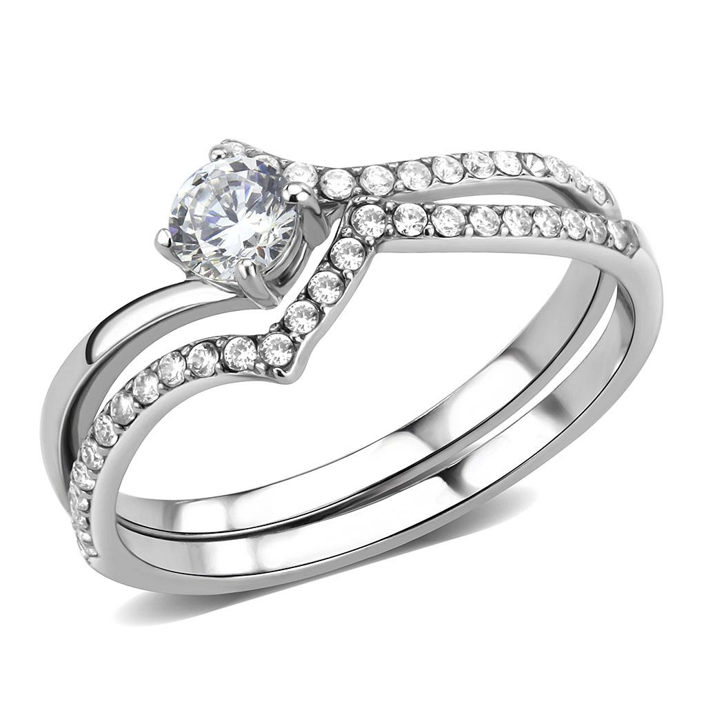 JCE350 High polished (no plating) Stainless Steel Ring with AAA Grade CZ  in Clear