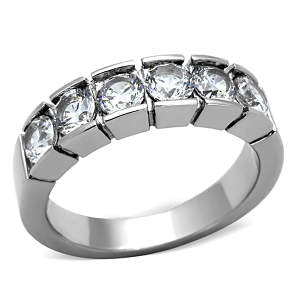 JCE1082 High polished (no plating) Stainless Steel Ring with AAA Grade CZ  in Clear