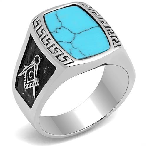 JCE3044 High polished (no plating) Stainless Steel Ring with Synthetic Turquoise in Sea Blue