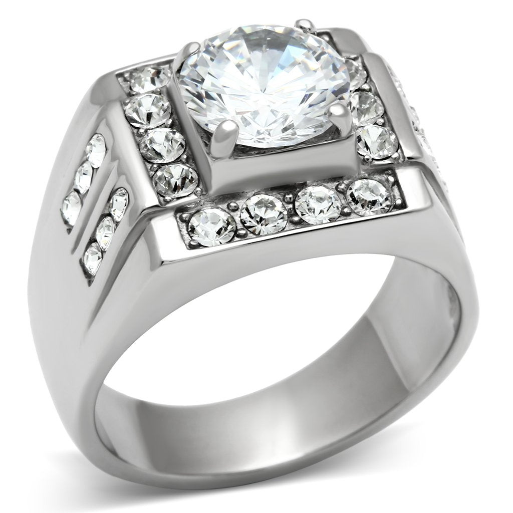 JCE348 High polished (no plating) Stainless Steel Ring with AAA Grade CZ  in Clear