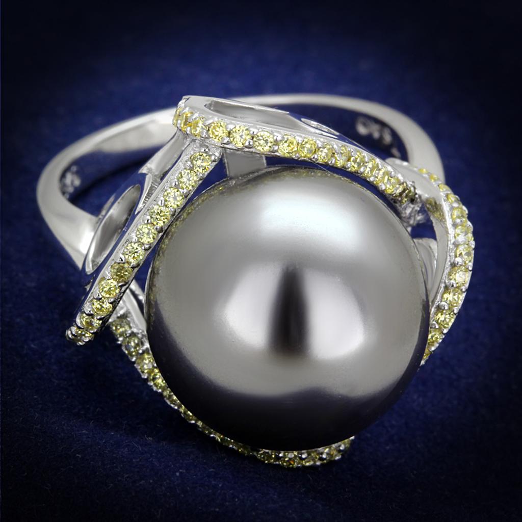 JCE318 Rhodium 925 Sterling Silver Ring with Synthetic Pearl in Gray